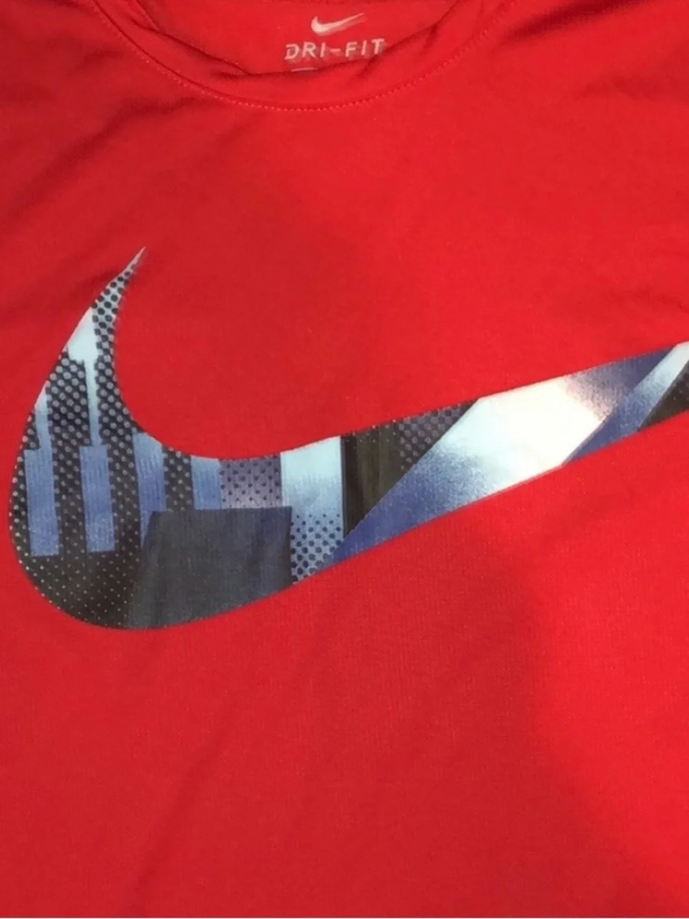 Nike Red Short Sleeve Dri-FIT Tee with Black/Blue Swoosh